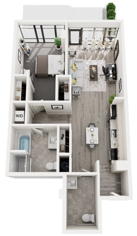 Floor plan for 1 bed, 1.5 baths, 911 sqft